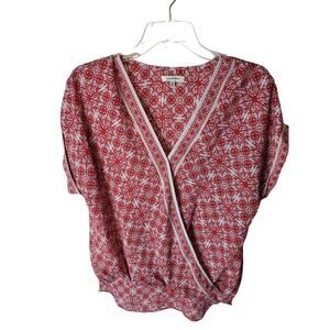 Max Studio Floral Print Faux Wrap Surplice Hi Low Cap Sleeve Top Size Medium